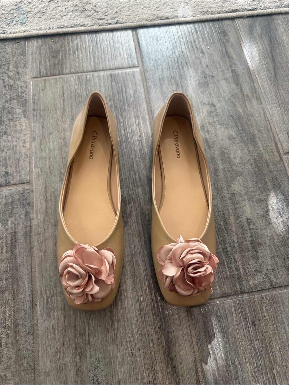 CPapavaro Nude Ballet Flats with Pink Rose Appliqué